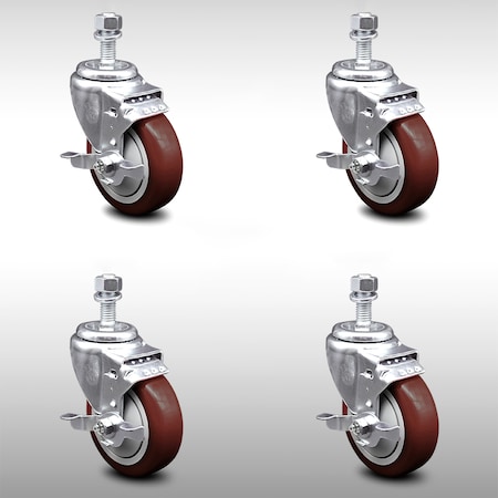 Service Caster 4 Inch SS Maroon Polyurethane Swivel 12mm Threaded Stem Caster Set Brake SCC SCC-SSTS20S414-PPUB-MRN-TLB-M1215-4